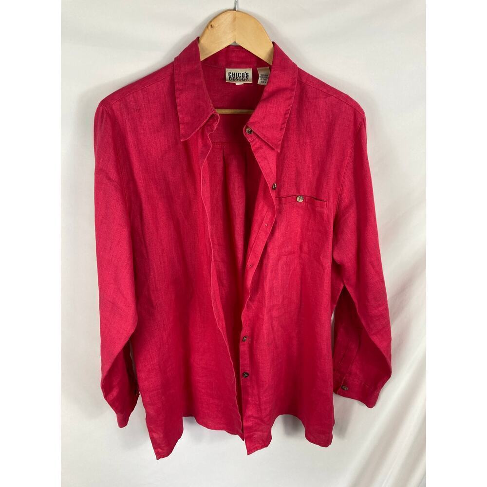 Chicos Linen Long Sleeve V Neck Dark Pink Top size 2 / Large